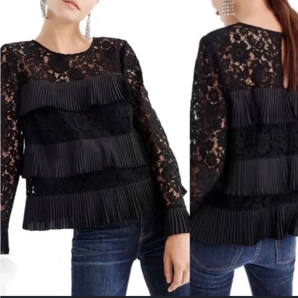 J. Crew Black Lace Top with Ruffle Pleats